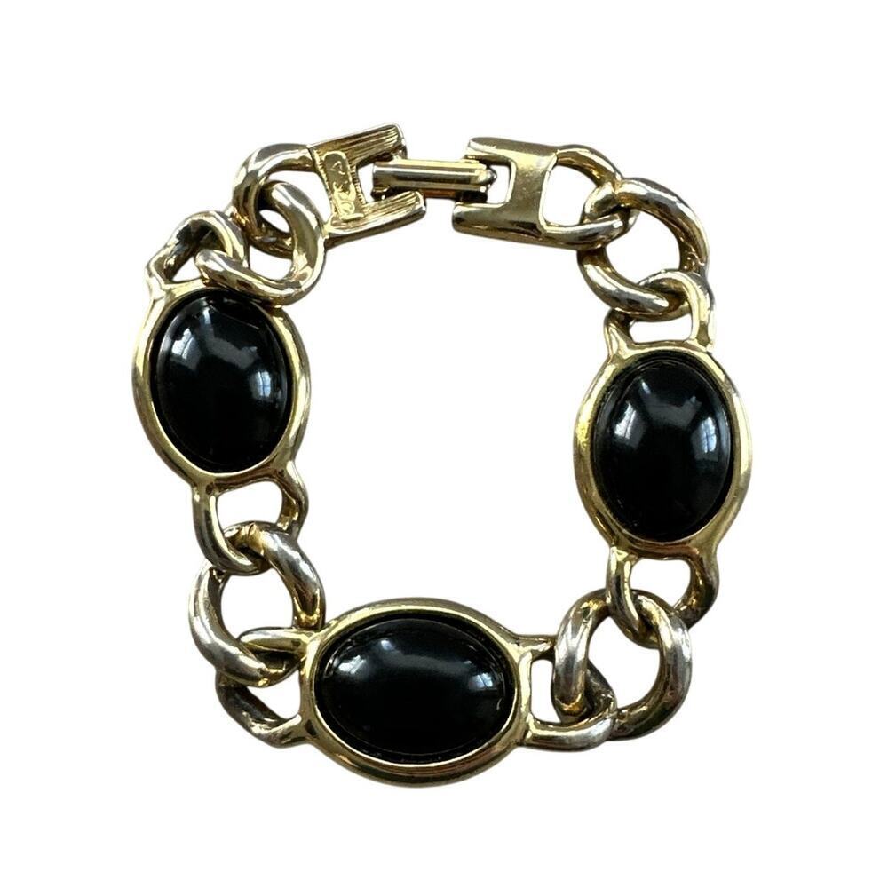 Gold Tone Link Bracelet Black Stones Rounded Ovals c 1950s Jewelry Cabochon - Picture 1 of 7